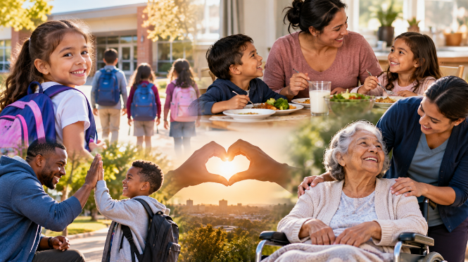 Multi-generational family and community moments showing love and connection