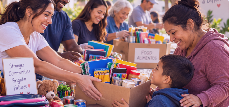 Volunteers distributing food and supplies to families at a community event